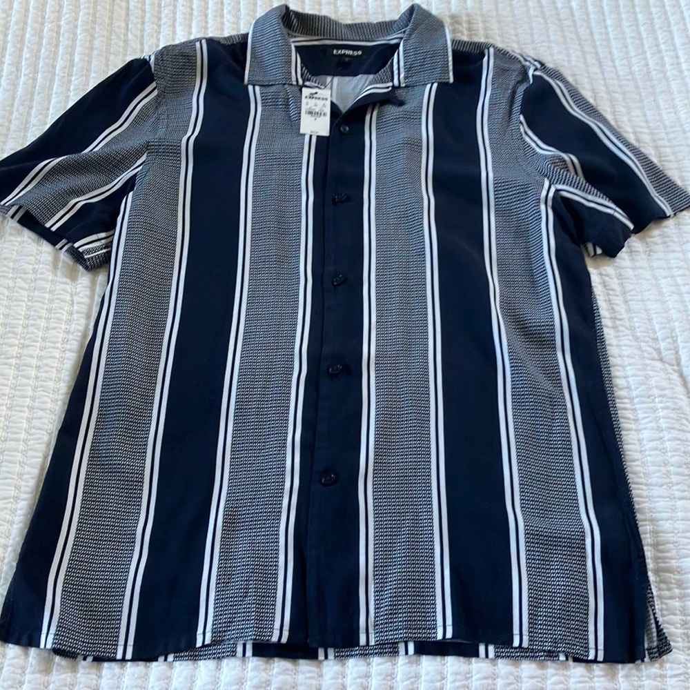 Express Men's Navy and White Striped Button Down Shirt
